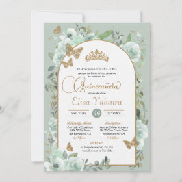 Invitation Monnaie Vert Sage Floral Or Papillon Quinceañera