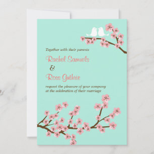 Invitation Monnaie verte et rose cerisier en fleurs Mariage m