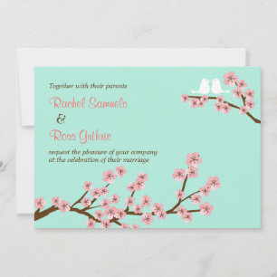 Invitation Monnaie verte et rose cerisier en fleurs Mariage m