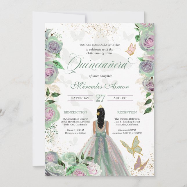 Invitation Monnaie verte & Lavande Rose papillon Quinceanera (Devant)