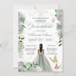 Invitation Monnaie verte & Lavande Rose papillon Quinceanera