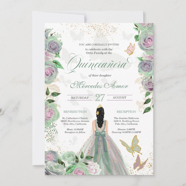 Invitation Monnaie verte & Lavande Rose papillon Quinceanera (Devant)