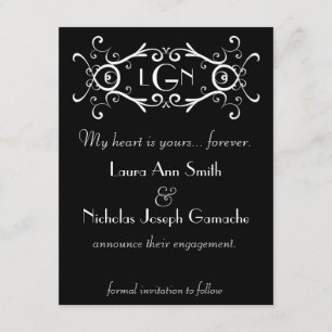 Invitation monochrome à monogramme et volutes vint