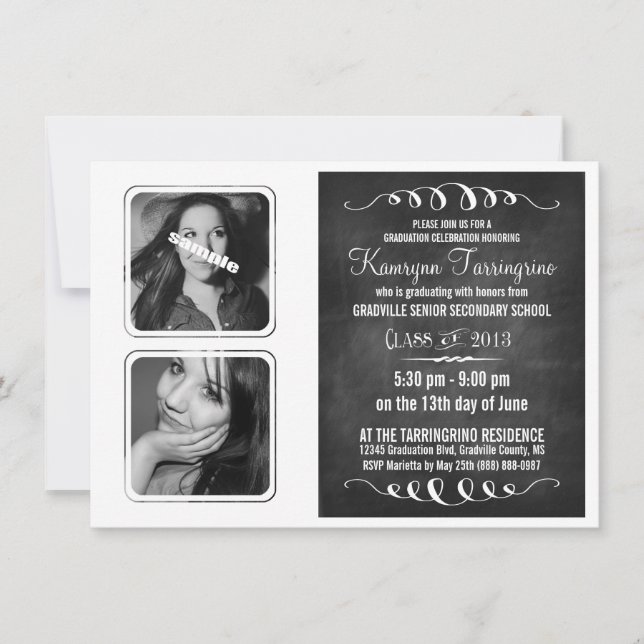 Invitation Monochrome Deluxe Double Photo Chalkboard Grad (Devant)