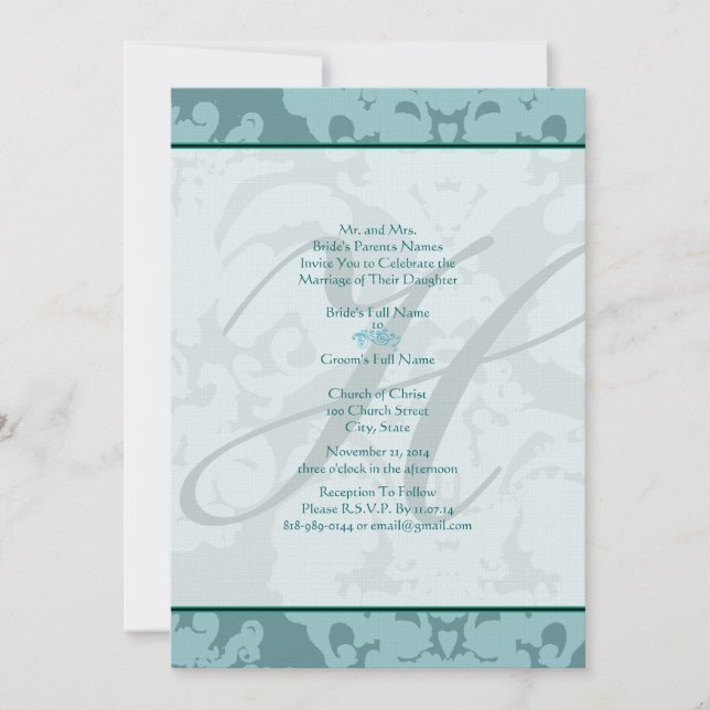 Invitation Monogram Aqua Blue Mariage damassé (Devant)