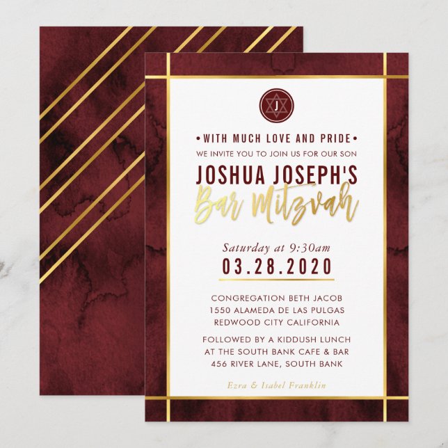 Invitation MONOGRAM BAR MITZVAH couleur or couleur rouge fonc (Devant / Derrière)