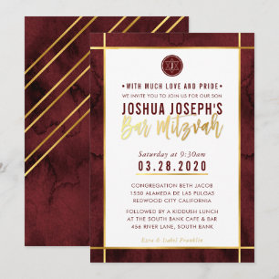 Invitation MONOGRAM BAR MITZVAH couleur or couleur rouge fonc