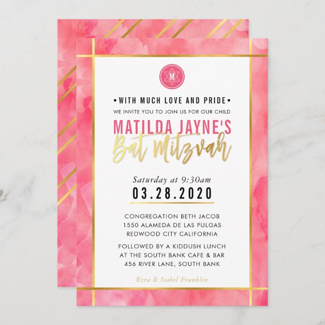 Invitation MONOGRAM BAT MITZVAH corail rose or strié (Devant / Derrière)