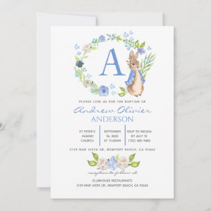 Invitation Monogram Blue Floral Peter Rabbit Baptême garçon