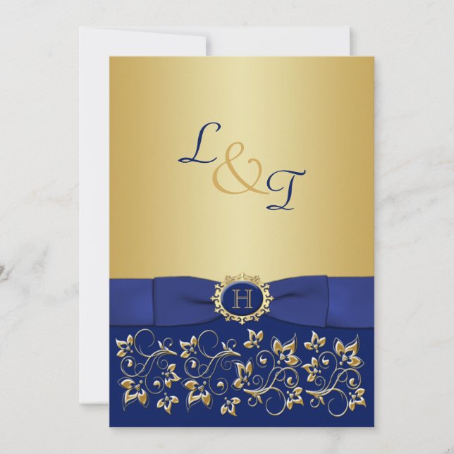 Invitation Monogram Blue, Gold Floral Scroll Wedding Invitati (Devant)