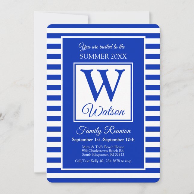 Invitation Monogram Blue Stripes Summer Family Reunion (Devant)