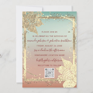 Invitation Monogram Floraux Faux Gold Frame QR Code Ombre