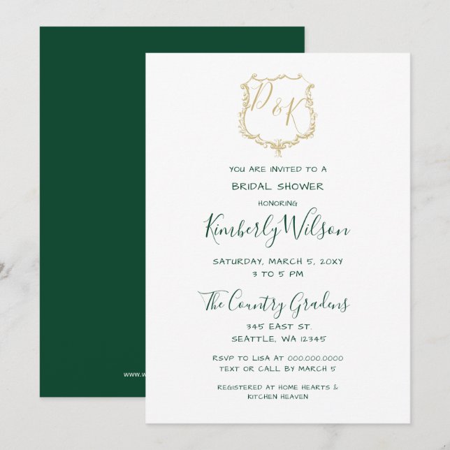 Invitation Monogram Gold Crest et Forest Green Fête des marié (Devant / Derrière)
