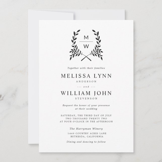 Invitation Monogram Laurel avec n'importe quel mariage arrièr (Devant)
