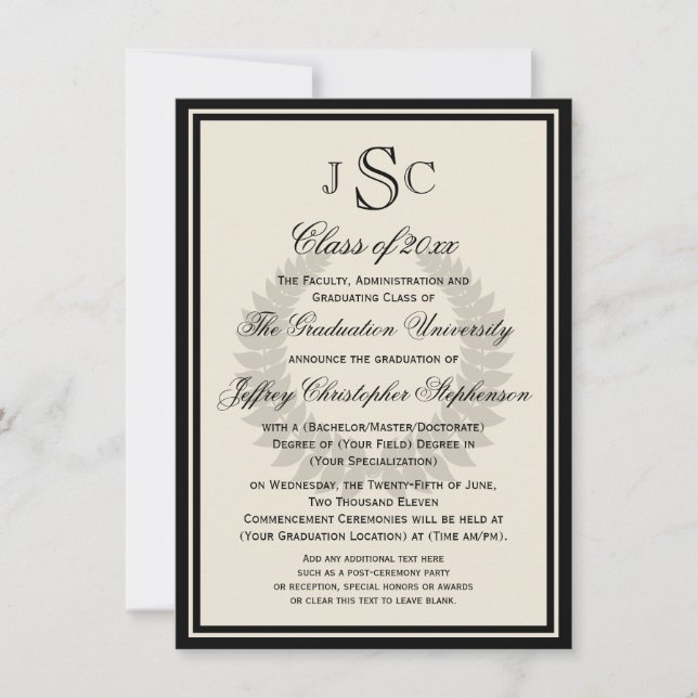Invitation Monogram Laurel Classic College Graduation (Devant)