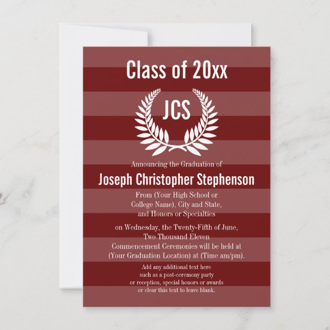 Invitation Monogram Laurel Masculine Red Maroon Graduation (Devant)