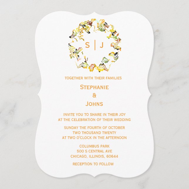 Invitation Monogram Leaf Crest Orange Gold White Chic Wedding (Devant)