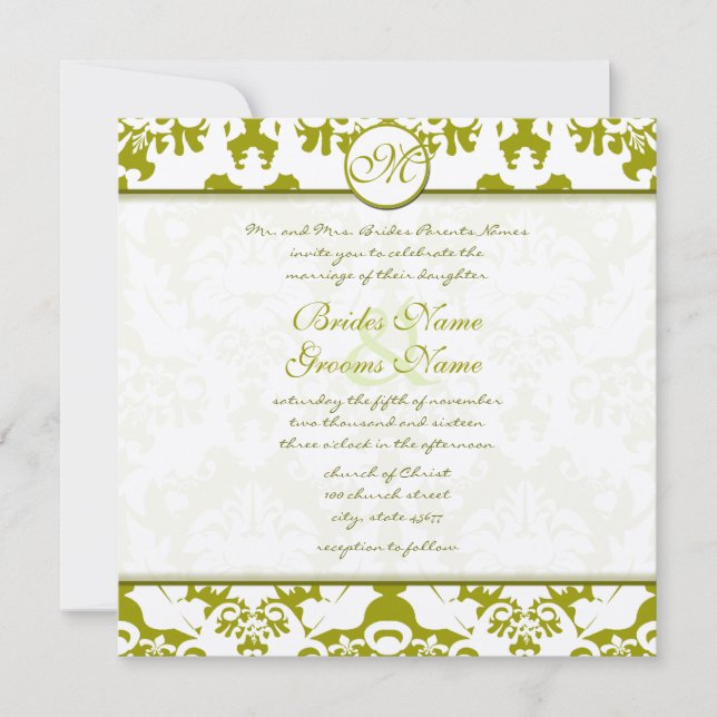 Invitation Monogram Olive Lime Mariage damassé (Devant)