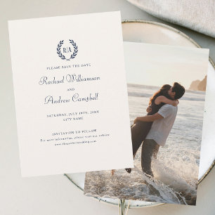 Invitation Monogram Photo Enregistrer la date du Mariage Bleu