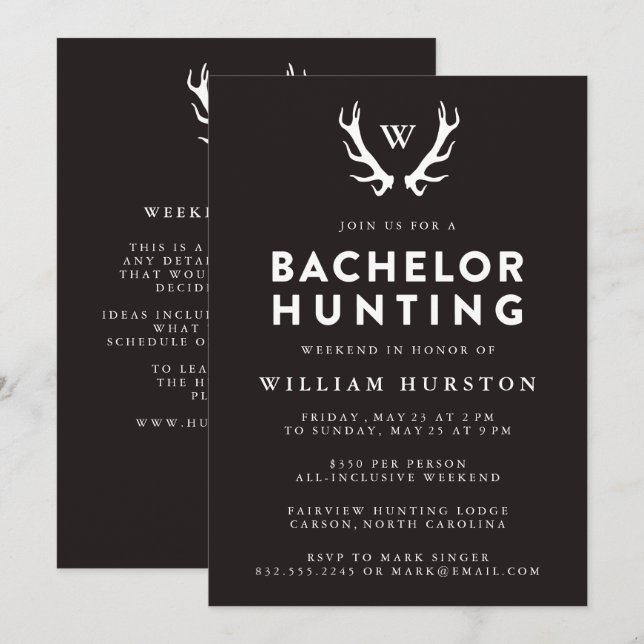 Invitation Monogramme Antlers Chasse Bachelor Party Invitatio (Devant / Derrière)
