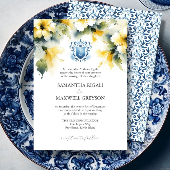 Invitation Monogramme Aquarelle Bleu et Jaune Mariage officie (Fairytale wedding invitations feature yellow hibiscus flowers with blue monogrammed crest)