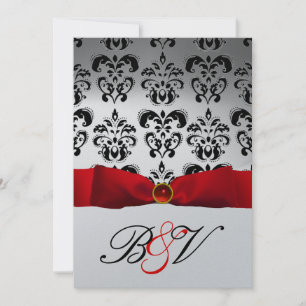 INVITATION MONOGRAMME BLACK DAMASK ROUGE RIBBON SILVER