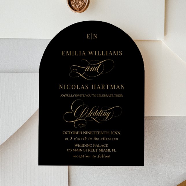 Invitation Monogramme Black Gold Elegant Mariage de calligrap (Créateur téléchargé)