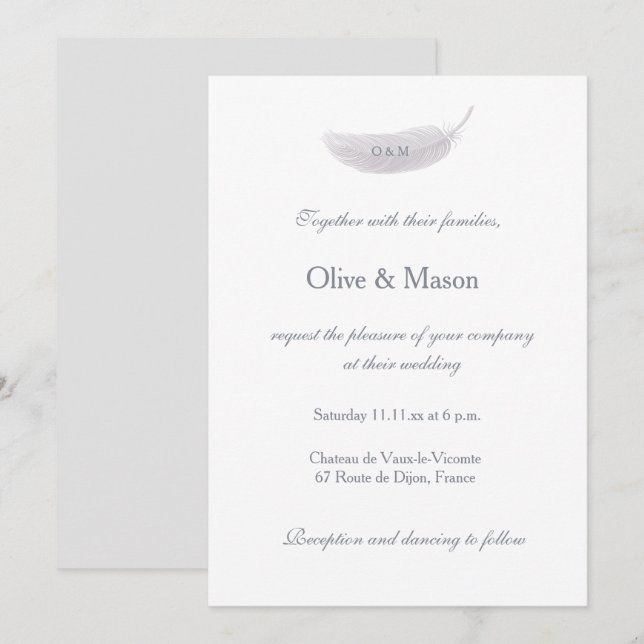 Invitation Monogramme Blanc Gris Angel Plumes Élégant Mariage (Devant / Derrière)