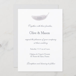 Invitation Monogramme Blanc Gris Angel Plumes Élégant Mariage