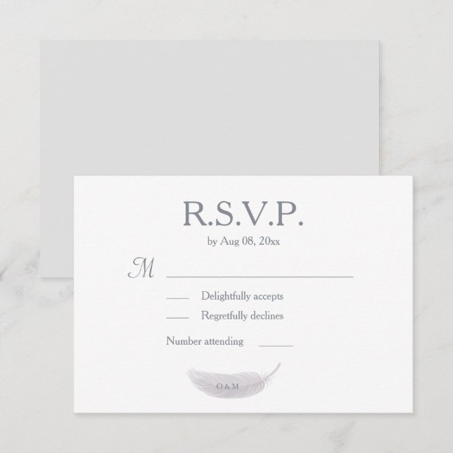 Invitation Monogramme Blanc Gris Angel Plumes Mariage RSVP (Devant / Derrière)