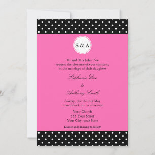 Invitation Monogramme blanc noir, rose chaud Mariage de point
