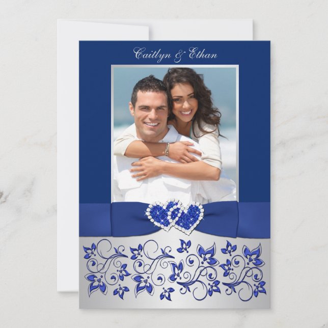 Invitation Monogramme Bleu, Argent Floral PHOTO Mariage Invit (Devant)
