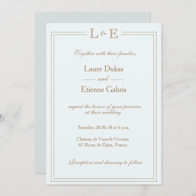 Invitation Monogramme bleu clair or gris moderne chic mariage (Devant / Derrière)