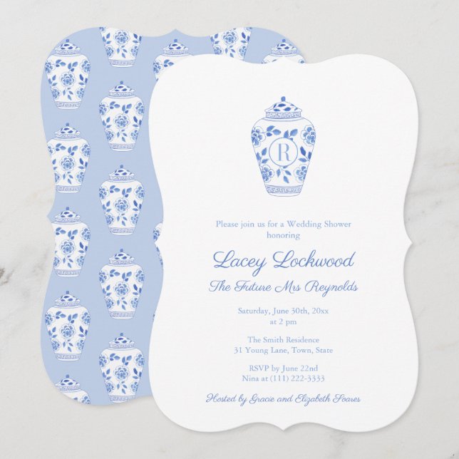Invitation Monogramme Bleu Et Blanc Futur Mme Fête des mariée (Devant / Derrière)
