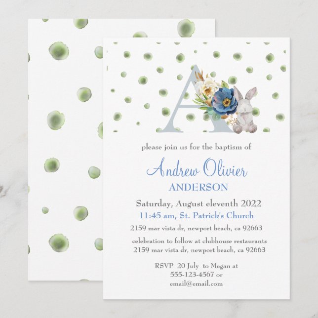 Invitation Monogramme Bleu Floral Verdure Baptême Garçon (Devant / Derrière)