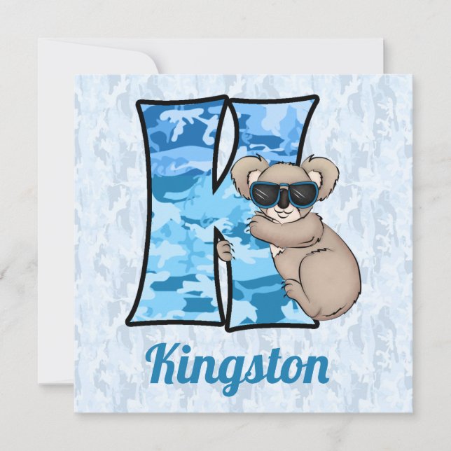 Invitation Monogramme bleu K Fête d'anniversaire de l'enfant (Devant)