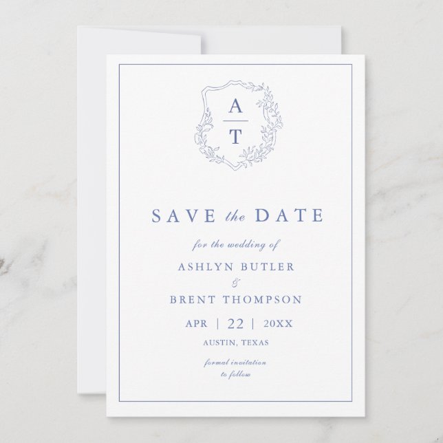 Invitation Monogramme bleu Mariage Enregistrer la date (Devant)