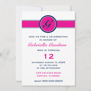 Invitation Monogramme bleu Preppy Hot Pink et Navy