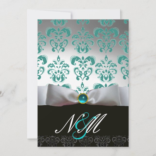 INVITATION MONOGRAMME BLEU TURQUASE BLANC RIBBON BLACK DAMASK (Devant)