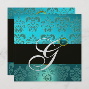 INVITATION MONOGRAMME BLEU TURQUASE NOIR ARGENT DOMMASQUE