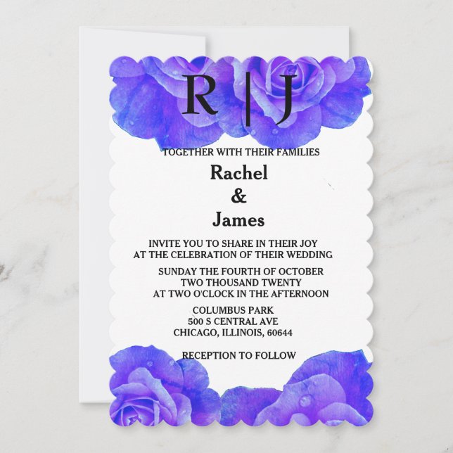 Invitation Monogramme Blue Floral Rose Fleurs fleuris Mariage (Devant)