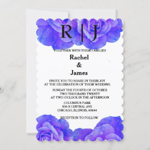 Invitation Monogramme Blue Floral Rose Fleurs fleuris Mariage