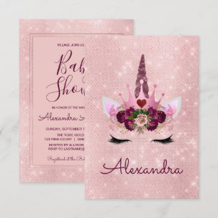 Invitation Monogramme Blush Pink Sparkle Unicorn Baby shower