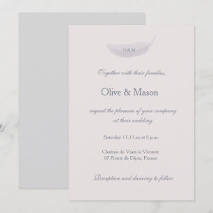 Invitation Monogramme Blush rose Gris Plumes Élégant Mariage