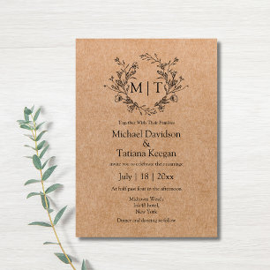 Invitation monogramme botanique classique script kraft mariag