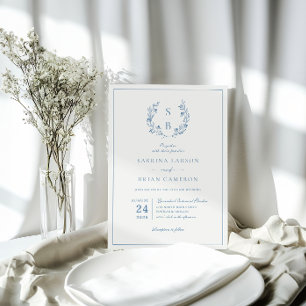 Invitation Monogramme botanique couronne Mariage bleu royal