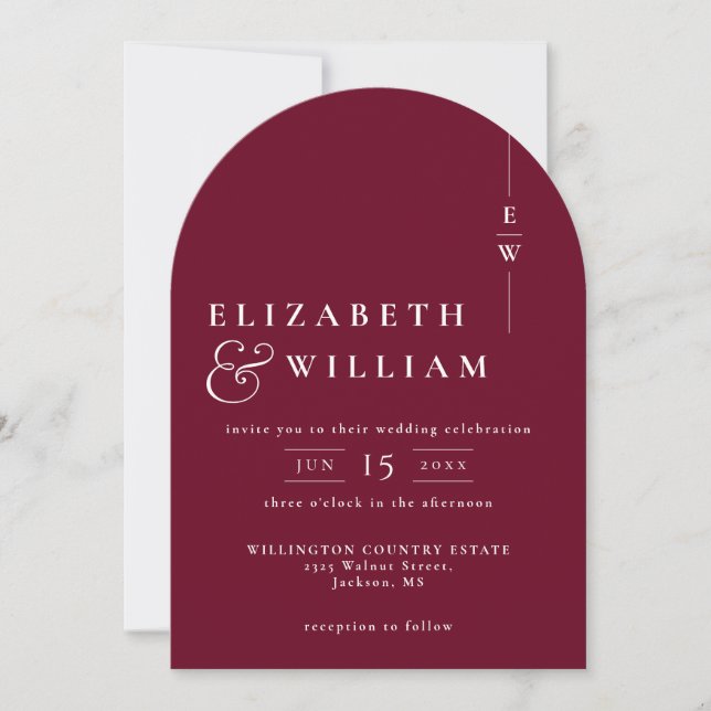 Invitation Monogramme Bourgogne QR Code Photo Mariage Arch (Devant)