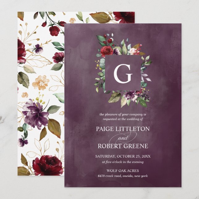 Invitation Monogramme Cadre floral en rouge, Mariage roux (Devant / Derrière)