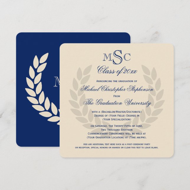 Invitation Monogramme Carré Classic Blue College Graduation E (Devant / Derrière)