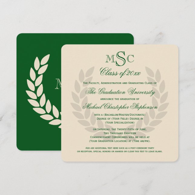 Invitation Monogramme Carré Classic Green College Graduation (Devant / Derrière)